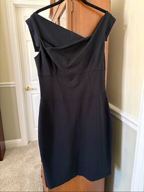 *Cache Classic Little Black Off-Shoulder Ruched Asymmetric Sheath Bodycon Dress